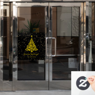 Seasons Greetings Gold Christmas Tree on Black Window Cling