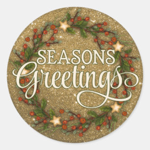 Seasons Greetings Gold Glitter Wreath Classic Round Sticker