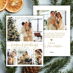 Seasons Greetings Gold Script 4 Photo Christmas Holiday Card