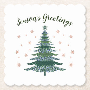 Season's Greetings Green Rose Gold Christmas Tree Paper Coaster