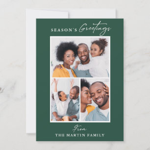 Season's Greetings Green Three Photo Collage Holiday Card