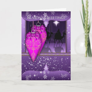 season's greetings holiday card in purple with orn