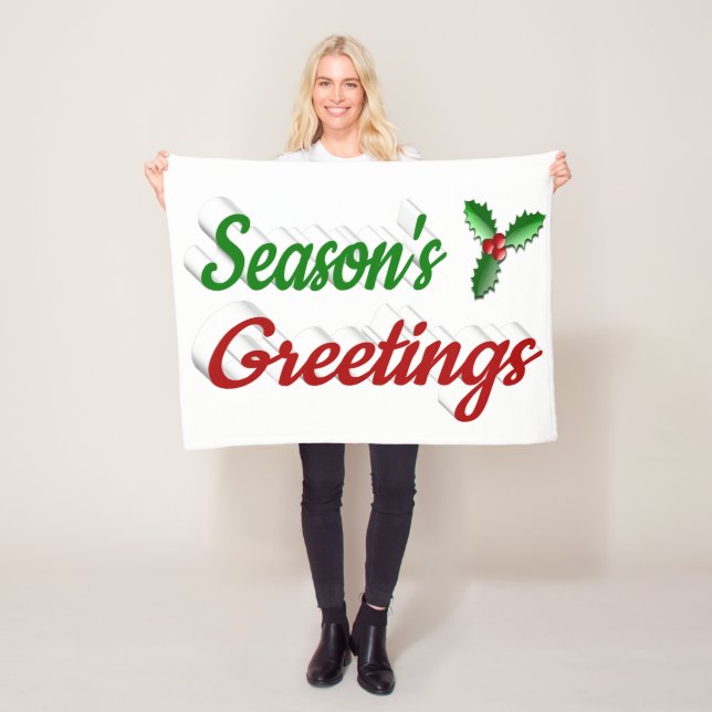 Seasons Greetings Holly Christmas red green script Fleece Blanket (In Situ)