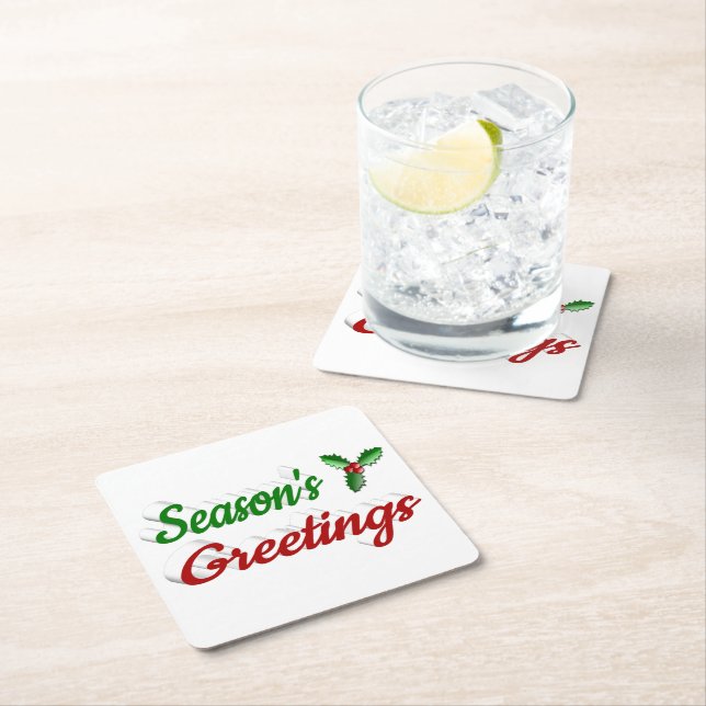Seasons Greetings Holly Christmas red green script Square Paper Coaster (Insitu)
