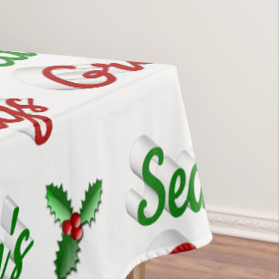 Seasons Greetings Holly Christmas red green script Tablecloth