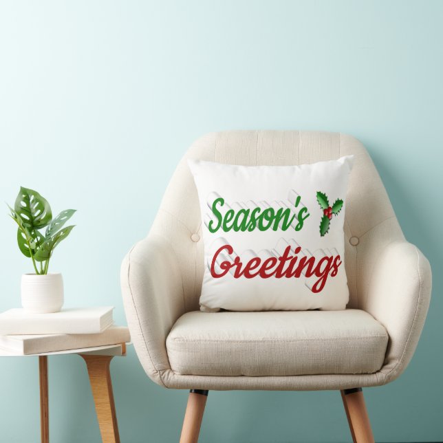 Seasons Greetings Holly Christmas red green script Throw Pillow (Chair)