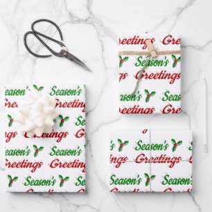 Seasons Greetings Holly Christmas red green script Wrapping Paper Sheet