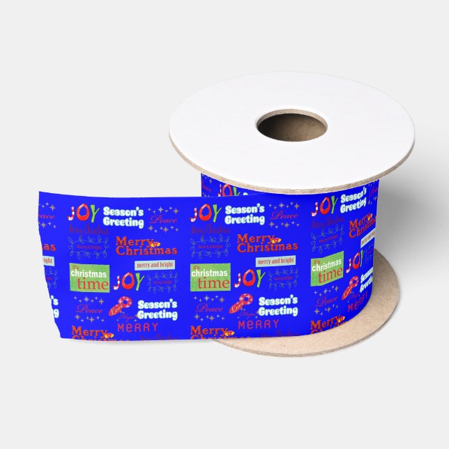 Seasons Greetings, Joy Merry Christmas Blue Ribbon Satin Ribbon (Spool)