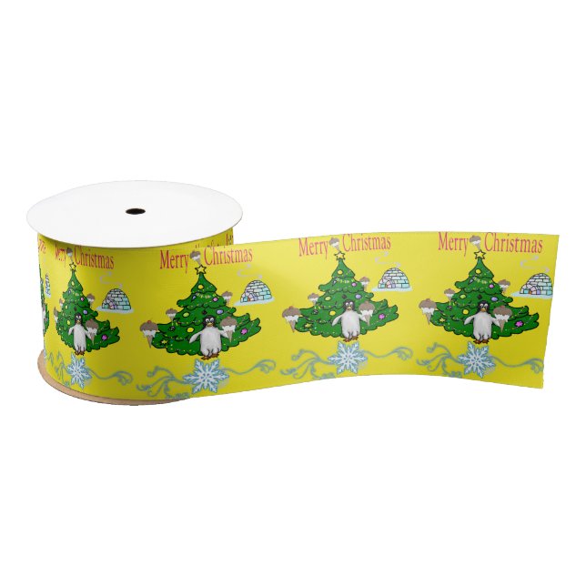 Seasons Greetings, Joy Merry Christmas Penguin Satin Ribbon (Spool)