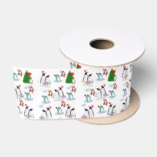 Seasons Greetings, Joy Merry Christmas Penguin Satin Ribbon