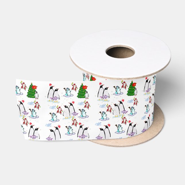 Seasons Greetings, Joy Merry Christmas Penguin Satin Ribbon (Spool)