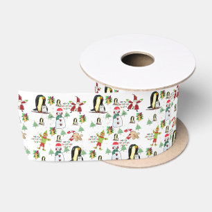 Seasons Greetings, Joy Merry Christmas Penguin Satin Ribbon