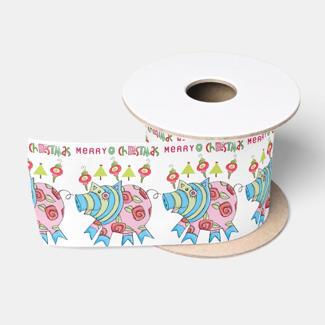 Seasons Greetings, Joy Merry Christmas Pink Pig Satin Ribbon (Spool)
