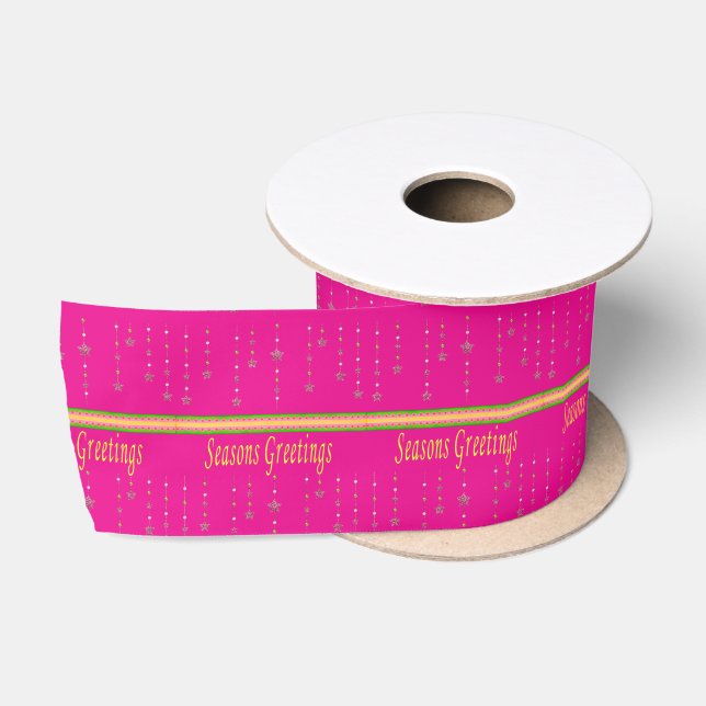 Seasons Greetings, Joy Merry Christmas Pink Ribbon Satin Ribbon (Spool)