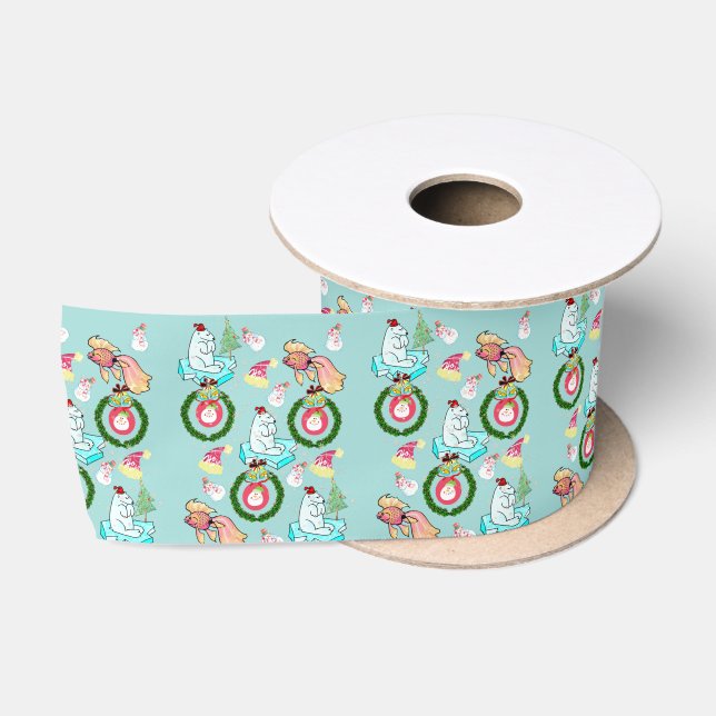 Seasons Greetings, Joy Merry Christmas Polar Bear Satin Ribbon (Spool)