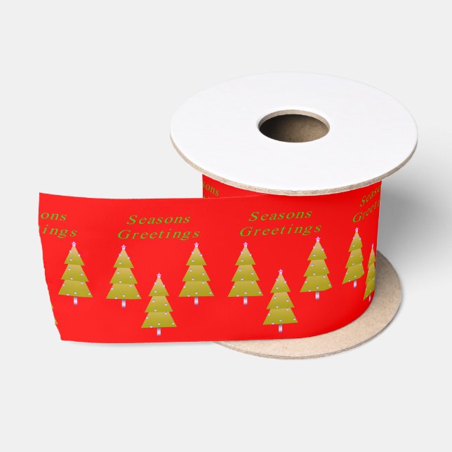 Seasons Greetings, Joy Merry Christmas Trees Red Satin Ribbon (Spool)