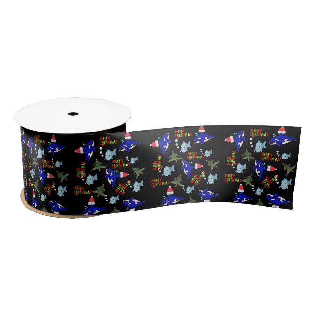 Seasons Greetings, Merry Christmas Black Shark Satin Ribbon (Spool)