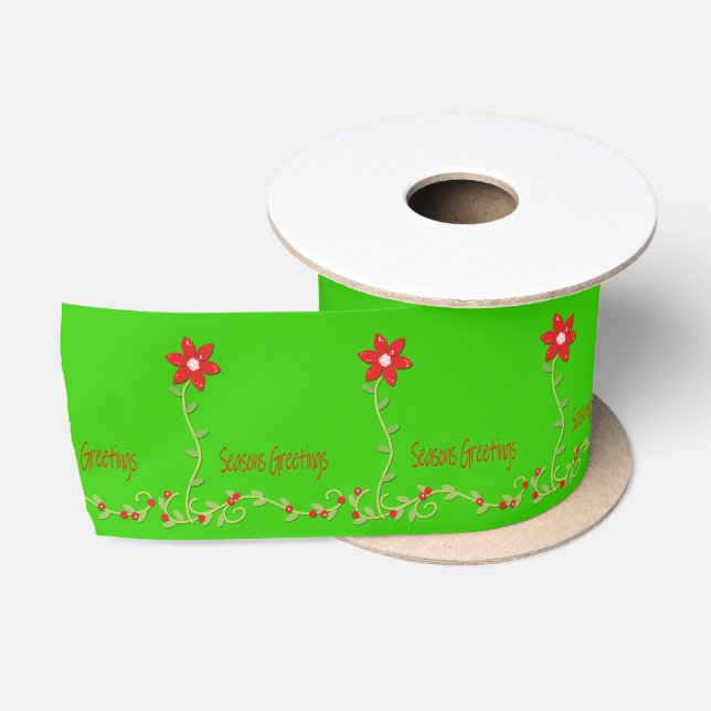 Seasons Greetings, Merry Christmas Green Floral Satin Ribbon (Spool)