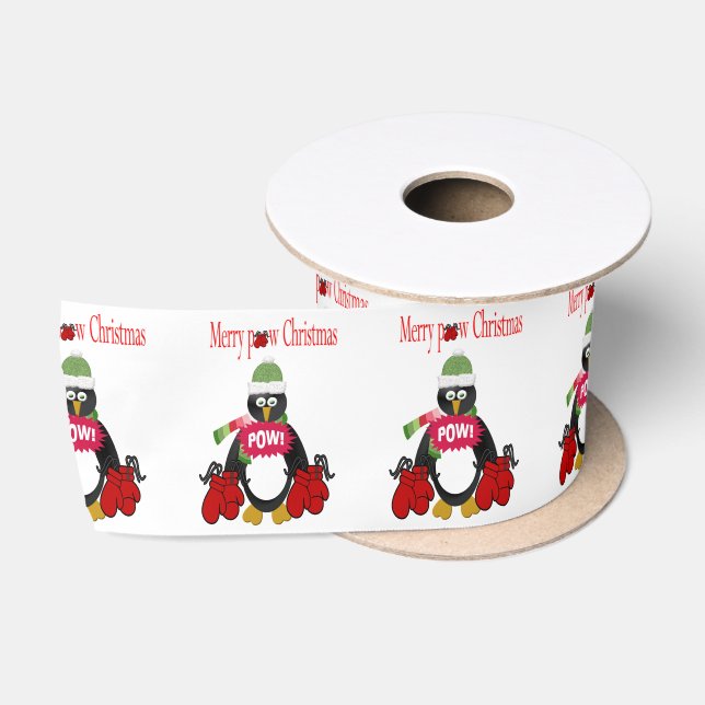 Seasons Greetings, Merry Christmas Penguin Boxing Satin Ribbon (Spool)