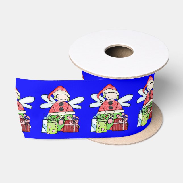 Seasons Greetings, Merry Christmas Santa AngelBlue Satin Ribbon (Spool)