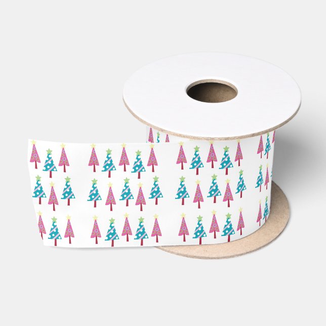 Seasons Greetings, Merry Christmas Trees White Satin Ribbon (Spool)