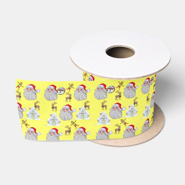 Seasons Greetings, Merry Christmas Yellow Santa Satin Ribbon (Spool)