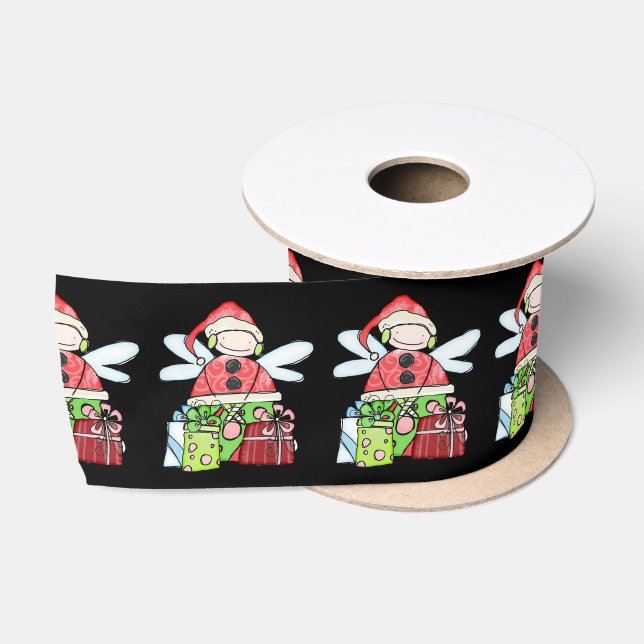 Seasons Greetings, Merry ChristmasSanta AngelBlack Satin Ribbon (Spool)