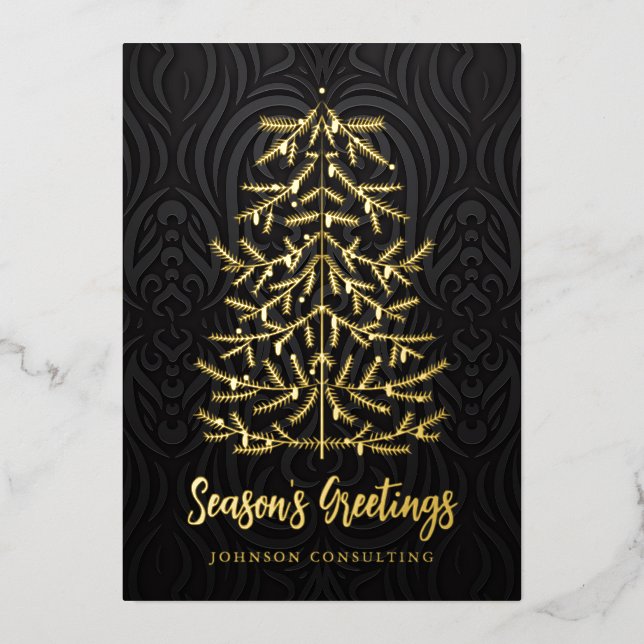 Season's Greetings Modern Christmas Tree Damask Foil Holiday Card (Front)