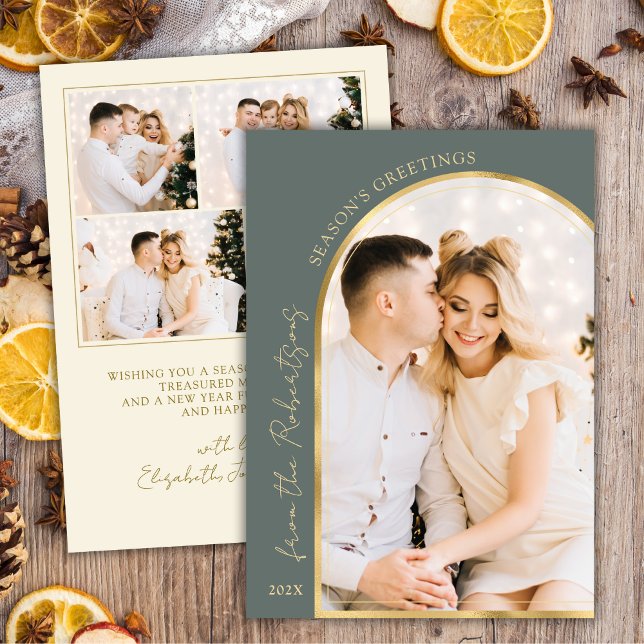 Season's Greetings Modern Gold Arch 5 Photo Green  Holiday Card (Creator Uploaded)