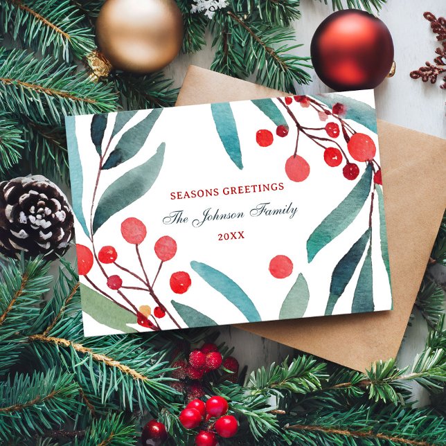 Seasons Greetings Modern Minimal Watercolor Floral Holiday Card (Creator Uploaded)