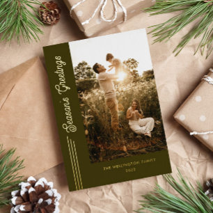Season's Greetings Modern Olive Green Photo Foil Holiday Card