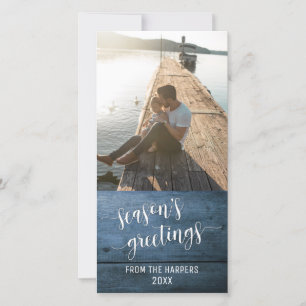 Season's Greetings Modern Script Blue Rustic Wood Holiday Card