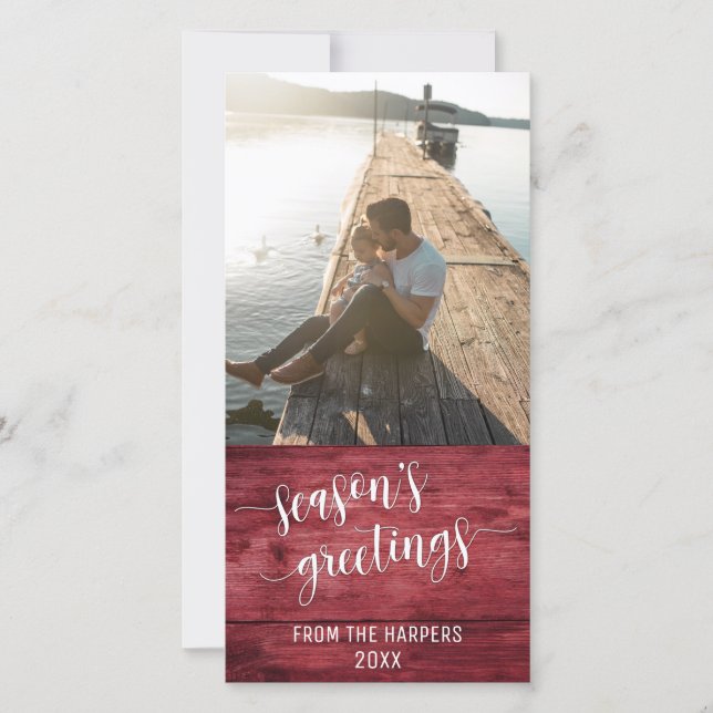 Season's Greetings Modern Script Red Rustic Wood Holiday Card (Front)