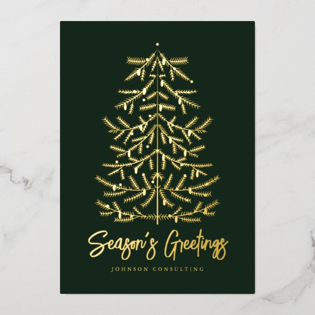 Season's Greetings Modern Simple Christmas Tree Foil Holiday Card (Front)