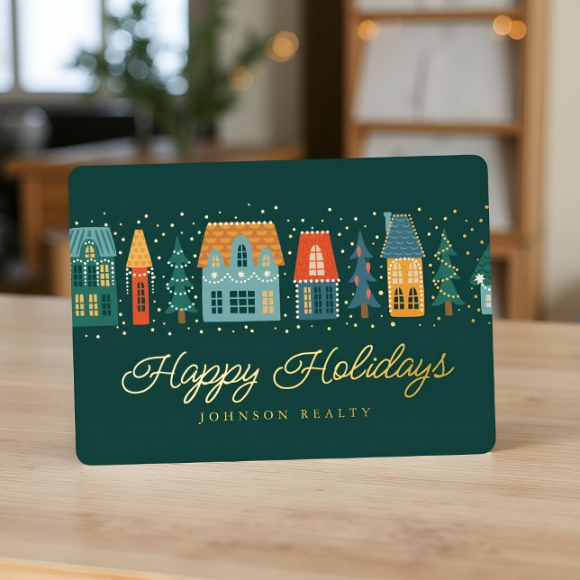 Season's Greetings Modern Winter Snow Village Foil Holiday Card (Creator Uploaded)
