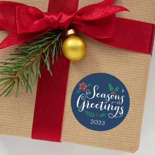 Seasons Greetings Navy Blue Holiday Classic Round Sticker