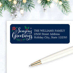 Seasons Greetings Navy Blue Holiday Return Address