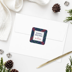 Seasons Greetings Navy Tartan Plaid Family Name Square Sticker