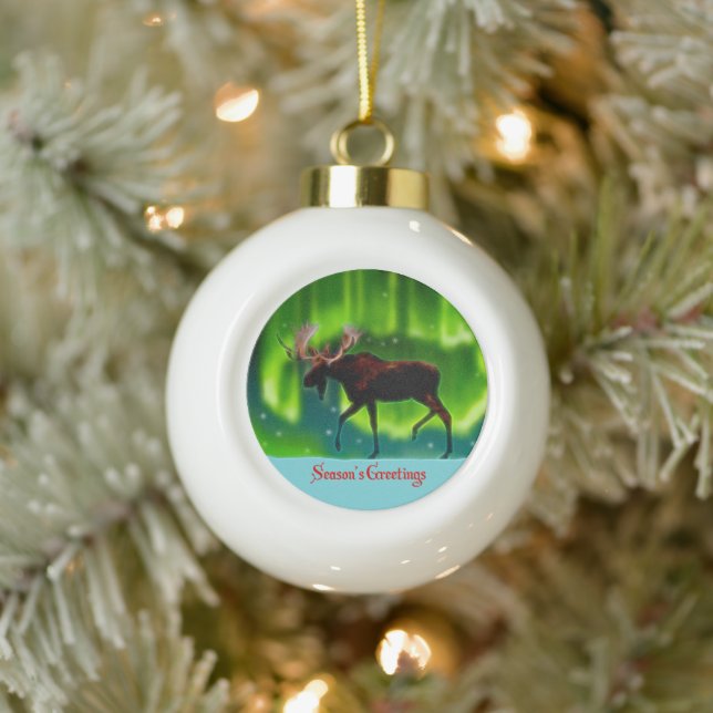 Season's Greetings - Northern Lights Moose Ceramic Ball Christmas Ornament (Tree)