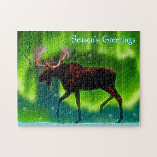 Season's Greetings - Northern Lights Moose Jigsaw Puzzle (Horizontal)