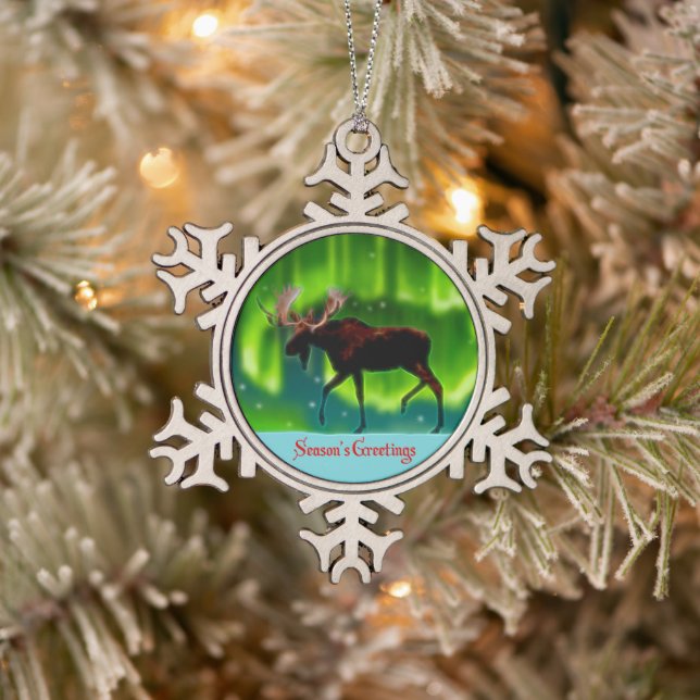 Season's Greetings - Northern Lights Moose Snowflake Pewter Christmas Ornament (Tree)