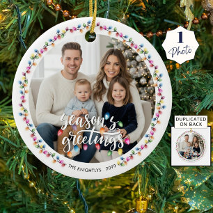 Seasons Greetings One Photo Christmas Lights Ceramic Ornament