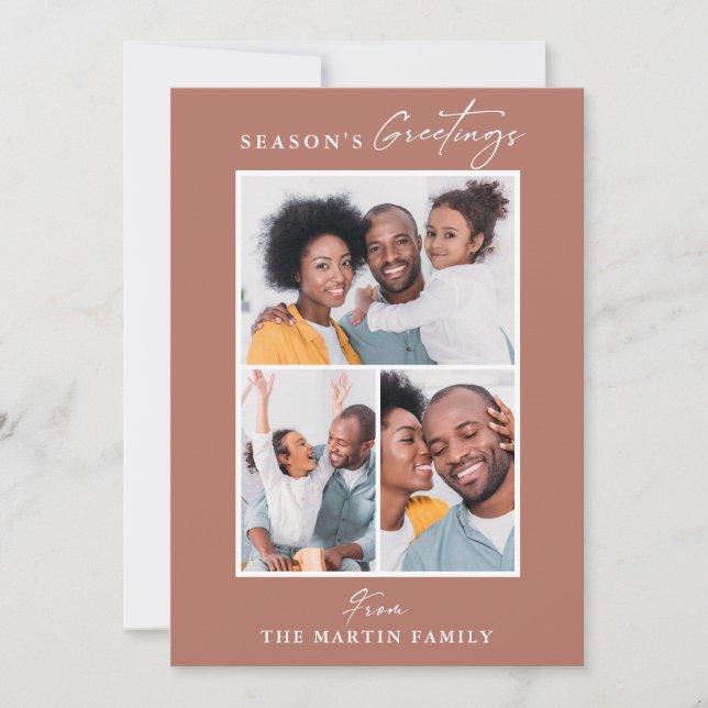 Season's Greetings Orange Photo Collage Holiday Card (Front)
