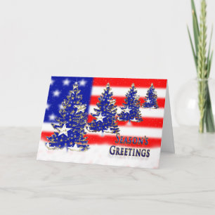 SEASON'S GREETINGS - PATRIOTIC -FLAG AND TREES HOLIDAY CARD