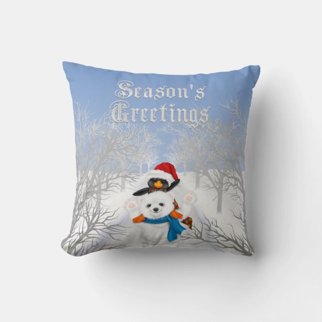 Seasons Greetings Penguin and Polar Bear Blue Throw Pillow (Front)