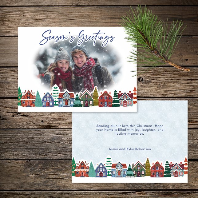 Season's Greetings Photo Boho Christmas Village Holiday Card (Season's Greetings Photo Boho Christmas Village Holiday Card)