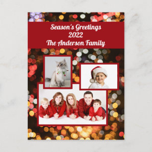 "Seasons Greetings" Photo Gold, Red, Sparkles  Holiday Postcard