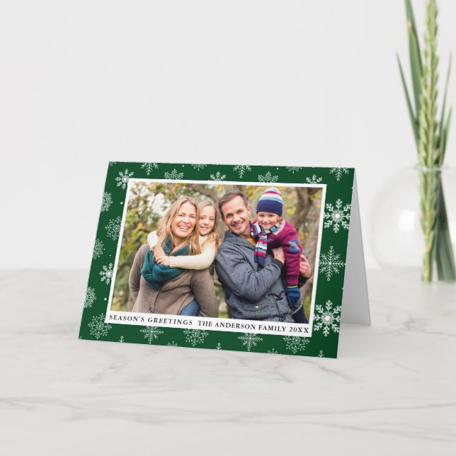 Season's Greetings Photo Snowflakes Green Folded Holiday Card (Front)