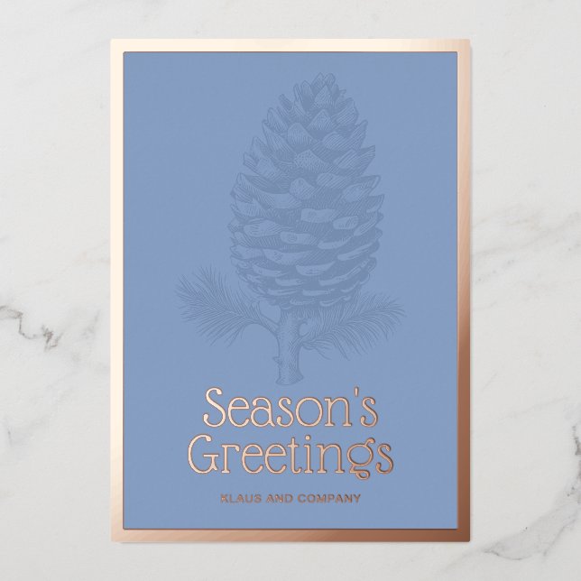 Seasons Greetings Pinecone Modern Blue Corporate Foil Holiday Card (Front)