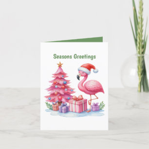 Seasons Greetings pink flamingo customizable Holiday Card